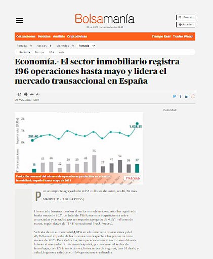 El sector inmobiliario registra 196 operaciones hasta mayo y lidera el mercado transaccional en Espaa